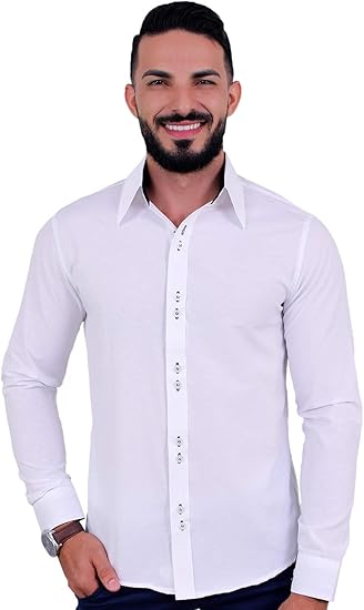 Kit 3 Camisas Sociais Masculina Slim de Manga Longa que não amassa, Azul Marinho, Preta e Branca