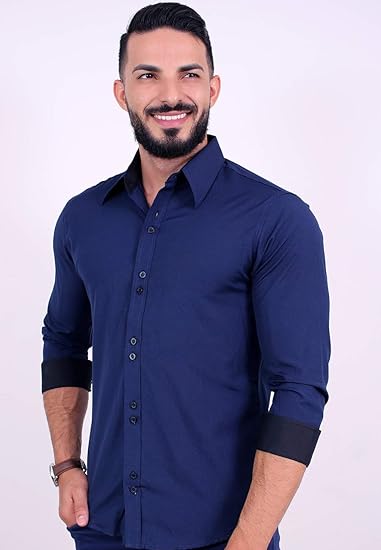 Kit 3 Camisas Sociais Masculina Slim de Manga Longa que não amassa, Azul Marinho, Preta e Branca