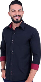 Kit 3 Camisas Sociais Masculina Slim de Manga Longa que não amassa, Azul Marinho, Preta e Branca