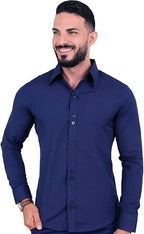 Kit 3 Camisas Sociais Masculina Slim de Manga Longa que não amassa, Azul Marinho, Preta e Branca