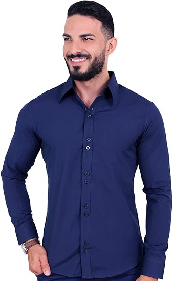 Kit 3 Camisas Sociais Masculina Slim de Manga Longa que não amassa, Azul Marinho, Preta e Branca