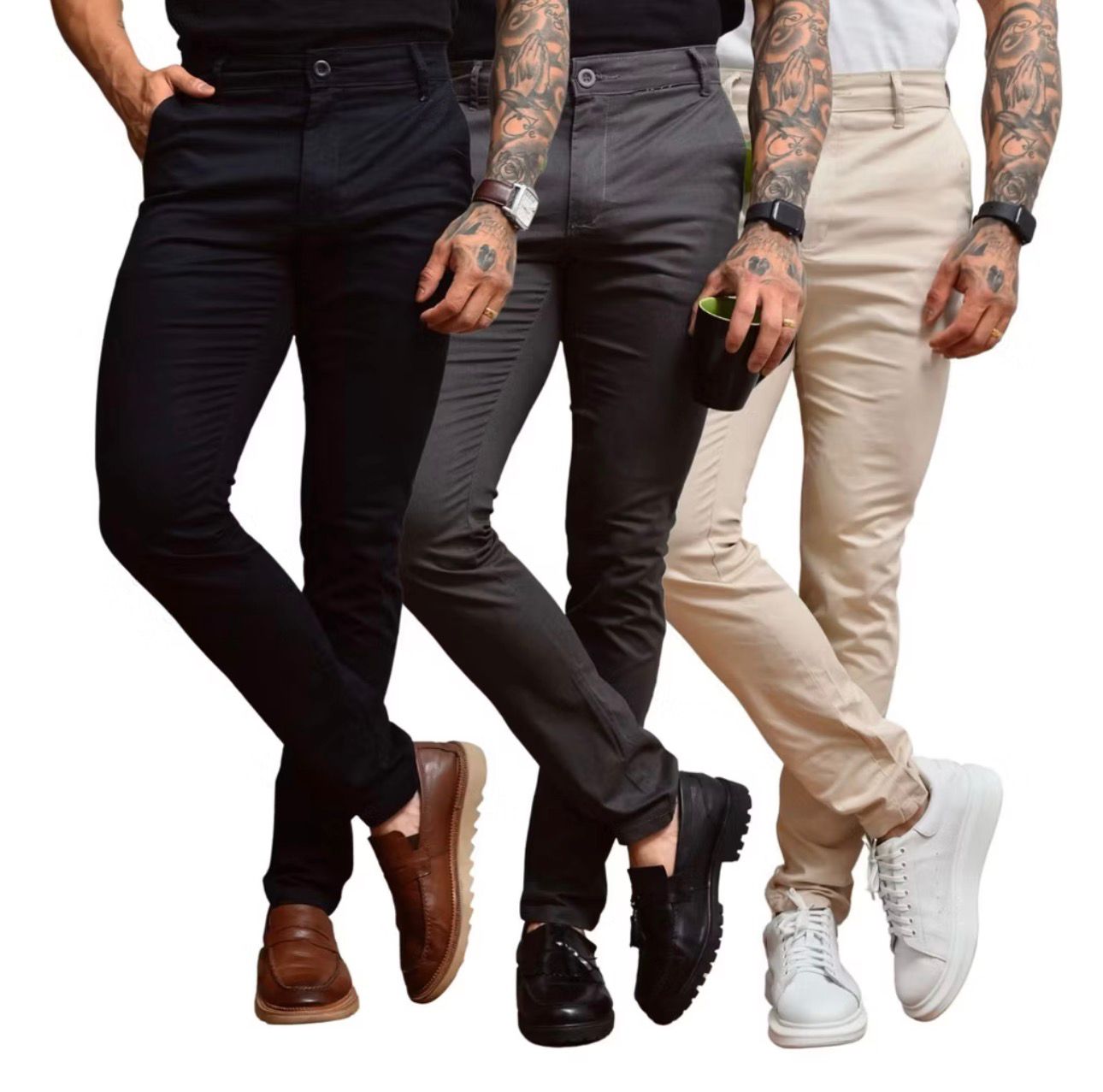 Kit 3 Calças Sarja Com Elastano Premium, Preta, Cappucino, sinza escuro