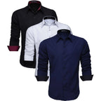 Kit 3 Camisas Sociais Masculina Slim de Manga Longa que não amassa, Azul Marinho, Preta e Branca